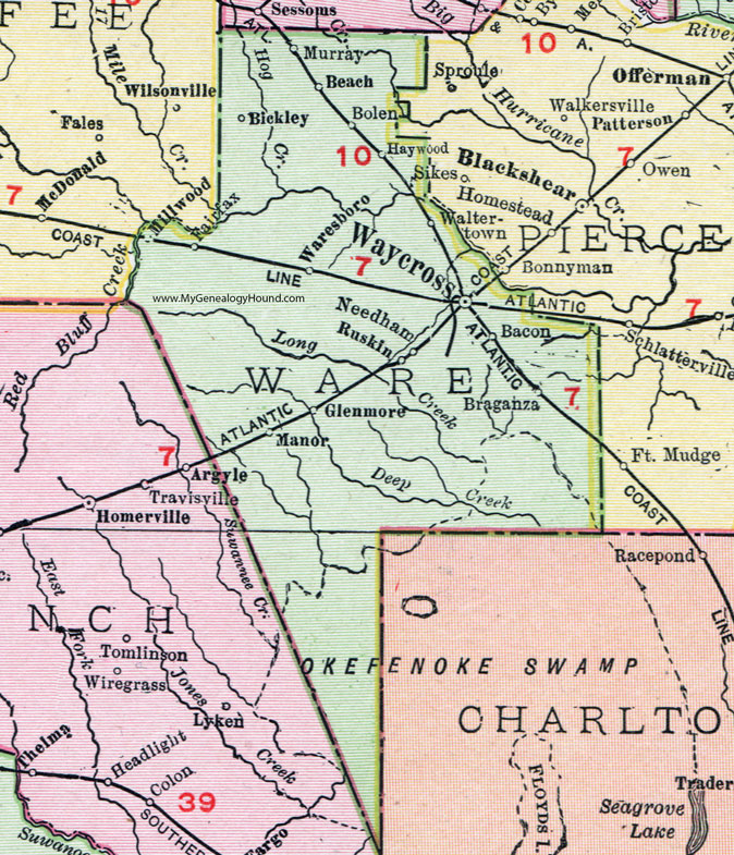 Ware County, Georgia, 1911, Map, Monroe, Social Circle, Winder, Loganville, Good Hope, Campton
