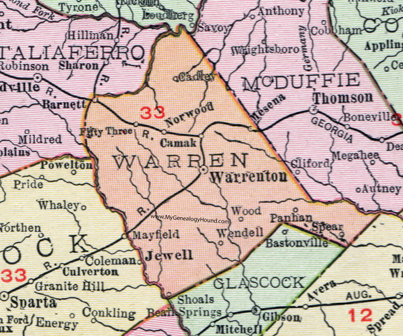 Warren County, Georgia, 1911, Map, Warrenton, Mesena, Camak, Norwood, Panhan, Spear