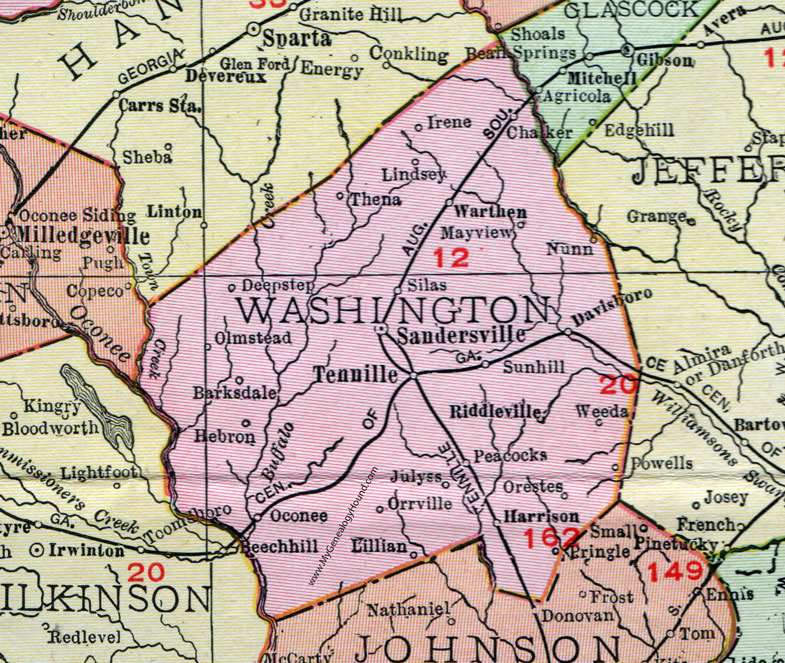 Washington County, Georgia, 1911, Map, Sandersville, Tennille, Davisboro, Harrison, Deepstep, Oconee