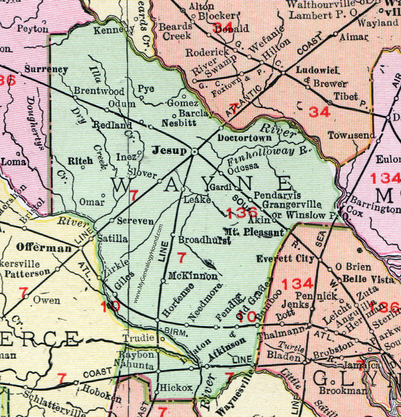 Wayne County, 1911, Map, Jesup, Screven, Doctortown