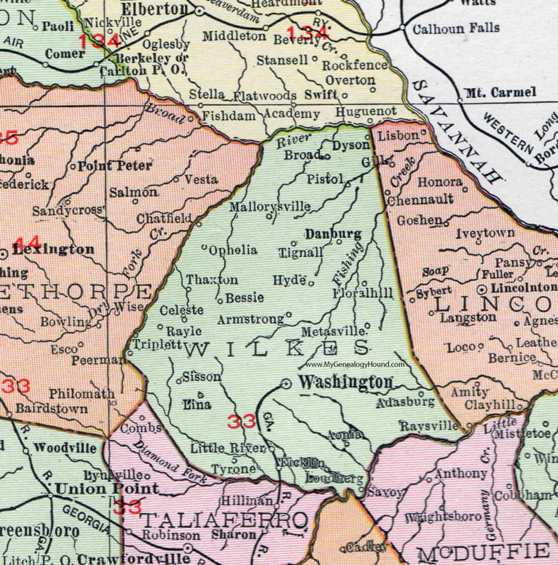 Wilkes County, Georgia, 1911, Map, Washington, Tignall, Rayle, Dyson, Triplett, Sisson, Danburg