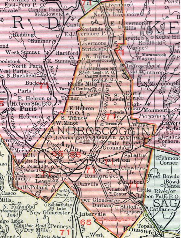 Androscoggin County, Maine, 1912, map, Auburn, Lewiston, Turner, Danville, Lisbon, Durham, Poland, Mechanic Falls, Livermore Falls, Strickland, Keens Mills, Elmwood