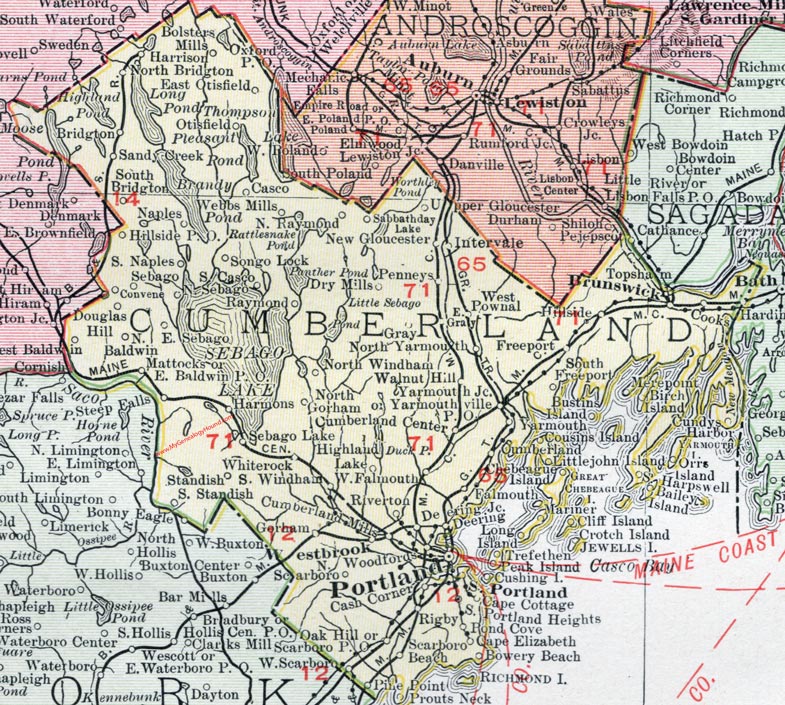 Cumberland County, Maine, 1912, map, Portland, South Portland, Westbrook, Brunswick, Gorham, Scarborough, Windham, Falmouth, Standish, Cape Elizabeth, Yarmouth, Freeport, Gray, Cumberland City