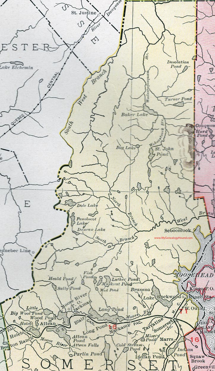 Map of the northern portion of Somerset County, Maine