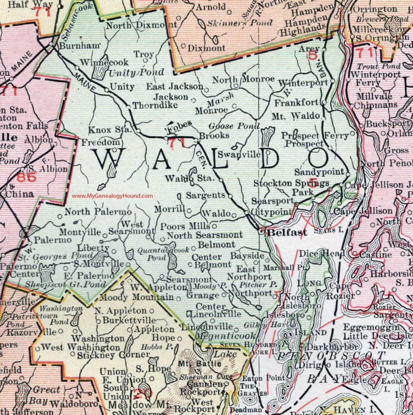 Waldo County, Maine, 1912, map, Belfast, Winterport, Searsport, Lincolnville, Unity, Stockton Springs, Palermo, Northport, Searsmont, Swanville, Burnham, Frankfort, Brooks