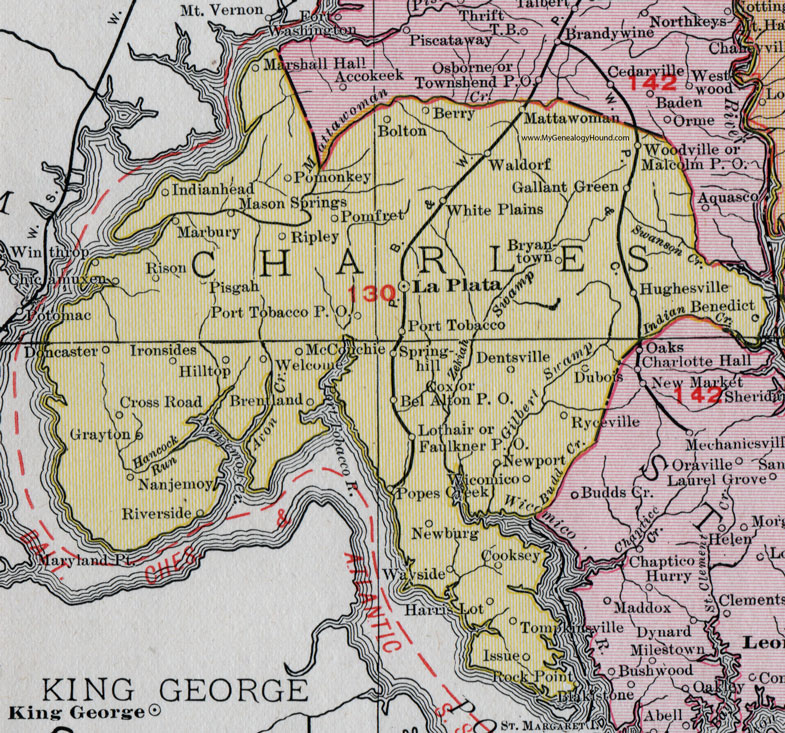 MD Charles County Maryland Map 1911 Rand McNally La Plata Waldorf Indian Head 