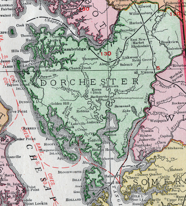 Dorchester County, Maryland, Map, 1911, Rand McNally, Cambridge, Hurlock, East New Market, Vienna, Robbins, Crapo, Woolford, Ellwood, Galestown, Rhodesdale, Toddville, Bucktown, Aireys