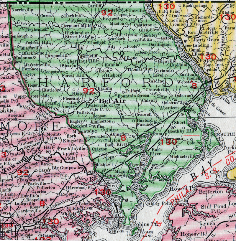 Harford County, Maryland, Map, 1911, Rand McNally, Bel Air, Havre de Grace, Aberdeen, Fallston, Perryman, Edgewood, Joppa, Jarrettsville, Coopstown, Fulford, Aldino, Emmorton, Clermont Mills