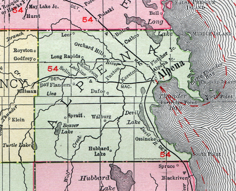 Alpena County, Michigan, 1911, Map, Rand McNally, Ossineke, Lachine, Hubbard Lake, Bolton, Cathro, Orchard Hill, Kerston, Spratt, Dafoe, Flanders, Leer, Paxton, Selina