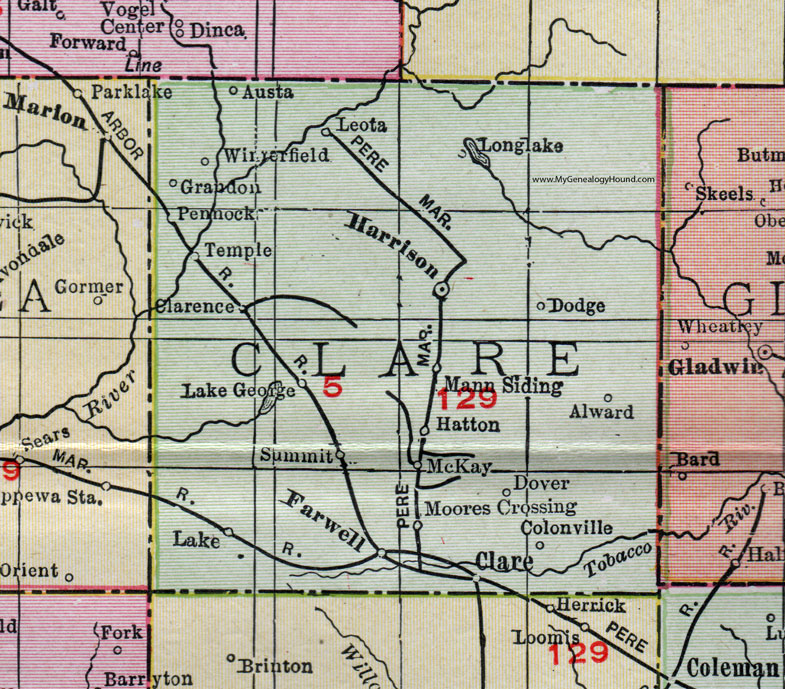Clare County, Michigan, 1911, Map, Rand McNally, Harrison, Farwell, Lake George, Dodge, Alward, Hatton, McKay, Colonville, Temple, Pennock, Grandon, Leota, Winterfield