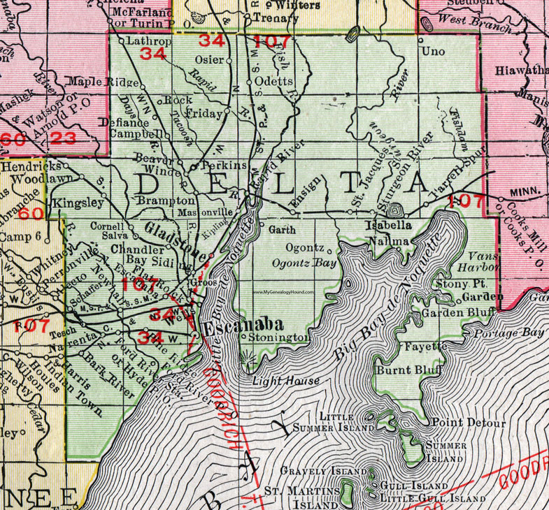 Delta County, Michigan, 1911, Map, Rand McNally, Escanaba, Gladstone, Rapid River, Kipling, Garden, Fayette, Wells, Ford River, Flat Rock, Bark River, Schaffer, Cornell, Rock