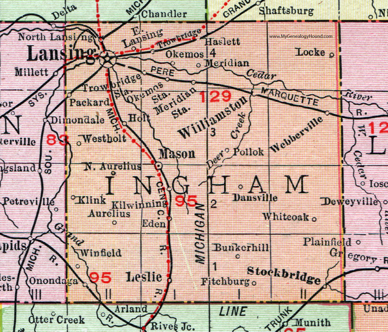 Ingham County, Michigan, 1911, Map, Rand McNally, Lansing, Okemos, Haslett, East Lansing, Packard, Holt, Onondaga, Mason, Leslie, Stockbridge, Williamston, Webberville, Dansville