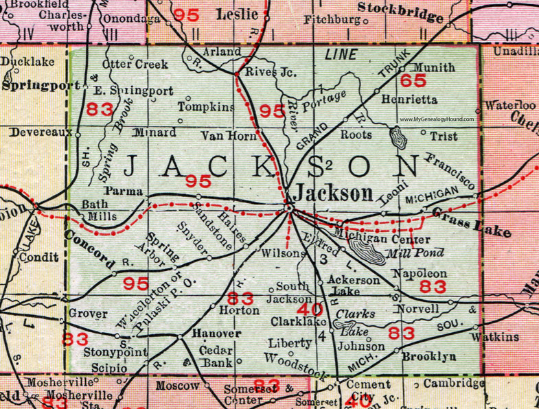 Jackson County, Michigan, 1911, Map, Rand McNally, Michigan Center, Grass Lake, Spring Arbor, Parma, Springport, Rives Junction, Munith, Concord, Hanover, Horton, Clarklake, Brooklyn, Van Horn