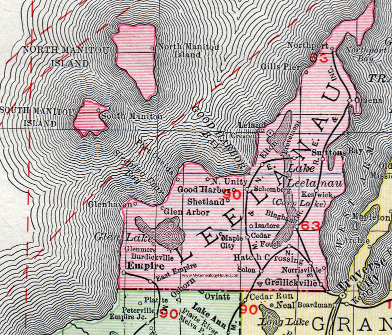 Leelanau County, Michigan, 1911, Map, Rand McNally, Empire, Leland, Suttons Bay, Northport, Maple City, Cedar, Glen Arbor, Omena, Greilickville, Shetland, Keswick, Schomberg, Glenmere
