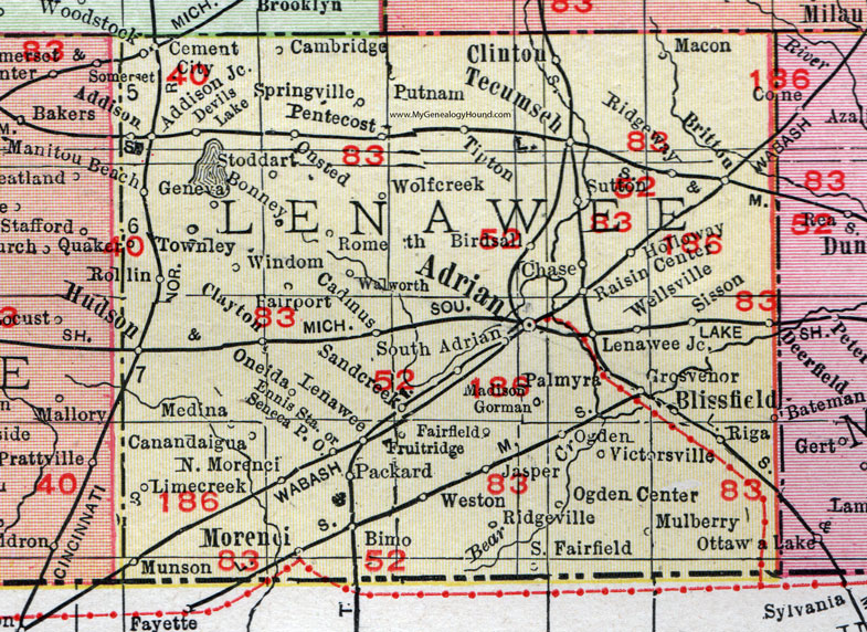 Lenawee County, Michigan, 1911, Map, Rand McNally, Adrian, Tecumseh, Hudson, Morenci, Addison, Clinton, Blissfield, Deerfield, Onsted, Clayton, Jasper, Weston, Rollin, Tipton
