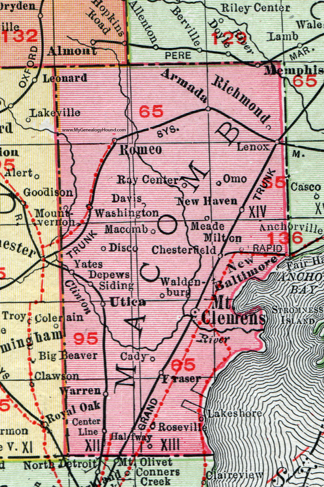 Macomb County, Michigan, 1911, Map, Rand McNally, Mount Clemens, Warren, Utica, Roseville, Fraser, Cady, New Baltimore, Waldenburg, Romeo, Washington, New Haven, Richmond, Armada