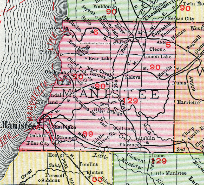 Manistee County, Michigan, 1911, Map, Rand McNally, Onekama, East Lake, Kaleva, Copemish, Brethren, Wellston, Bear Lake, Stronach, Filer City, Dublin, Cleon, Harlan, Pomona