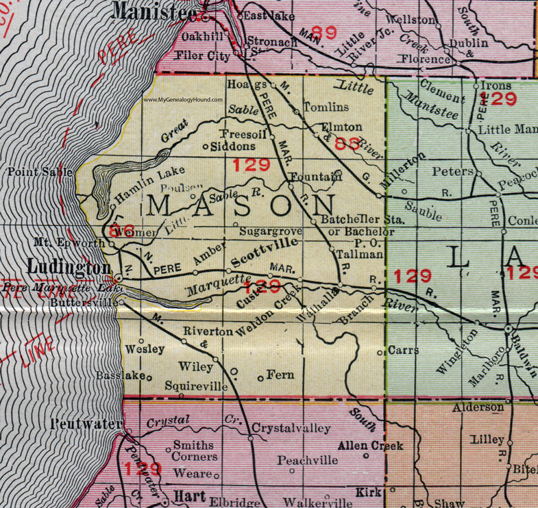 Mason County, Michigan, 1911, Map, Rand McNally, Ludington, Scottville, Hamlin Lake, Custer, Fountain, Free Soil, Millerton, Buttersville, Weimer, Wiley, Sugar Grove, Tallman, Wesley