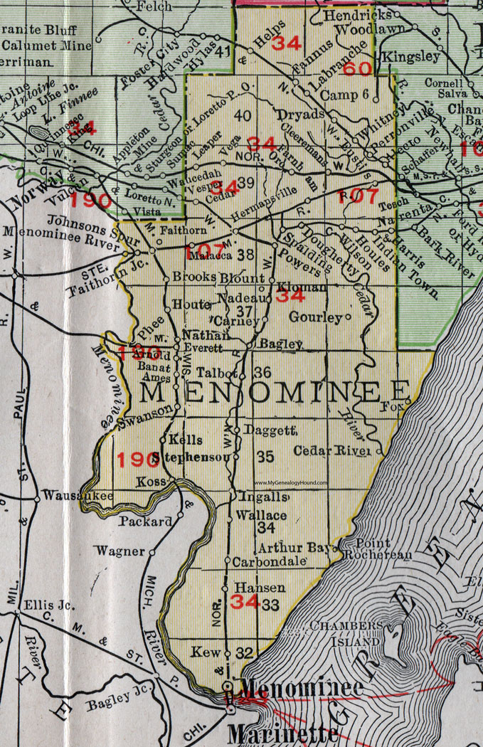 Menominee County, Michigan, 1911, Map, Rand McNally, Hermansville, Stephenson, Daggett, Ingalls, Wallace, Carney, Nadeau, Spalding, Powers, Perronville, Harris, Wilson, Kew, Gourley