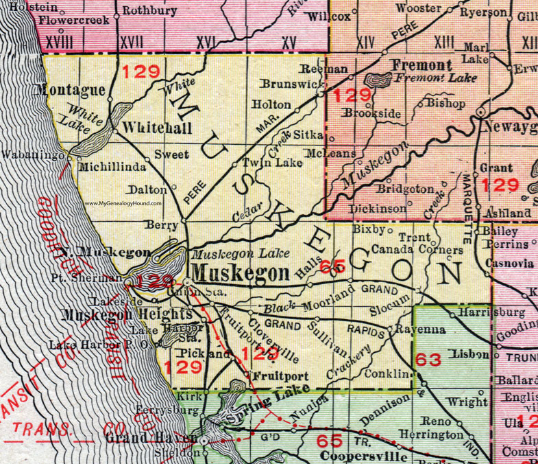 Muskegon County, Michigan, 1911, Map, Rand McNally, Montague, Whitehall, Muskegon Heights, North Muskegon, Fruitport, Ravenna, Twin Lake, Michillinda, Dalton, Bixby, Canada Corners, Slocum, Moorland
