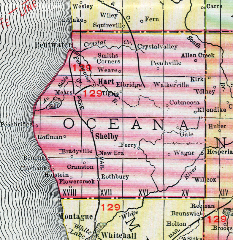 Oceana County, Michigan, 1911, Map, Rand McNally, Hart, Shelby, Pentwater, Walkerville, Mears, New Era, Rothbury, Hesperia, Elbridge, Cobmoosa, Cranston, Wagar, Weare, Tigris