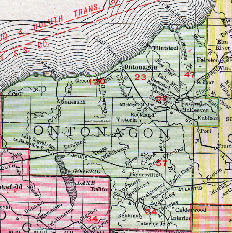 Ontonagon County, Michigan, 1911, Map, Rand McNally, Rockland, Greenland, Ewen, Bruce Crossing, Bergland, Flintsteel, Topaz, Choate, Craigsmere, Rubicon, McKeever, Calderwood, Matchwood, Nonesuch