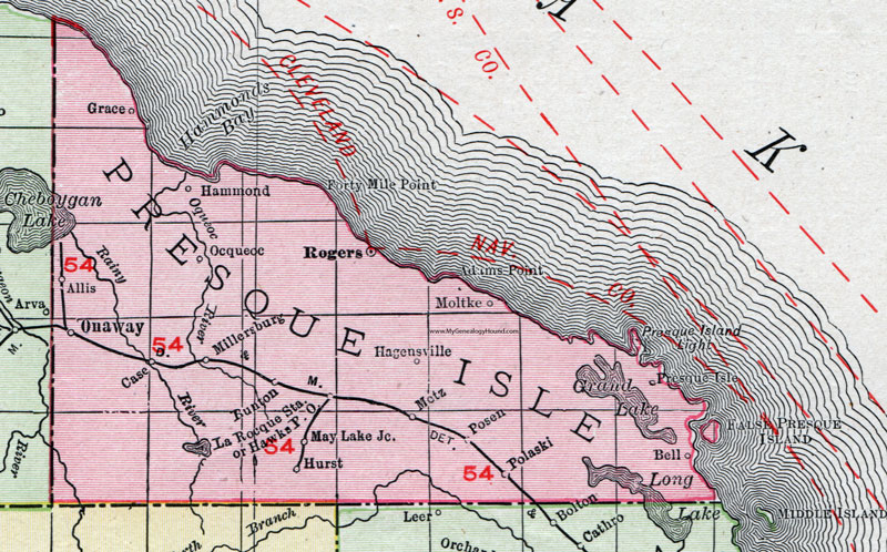 Presque Isle County, Michigan, 1911, Map, Rand McNally, Rogers City, Onaway, Millersburg, Posen, Hawks, Hammond, Hagensville, Ocquecoc, Allis, Hurst, Metz, Moltke, Bunton, Polaski