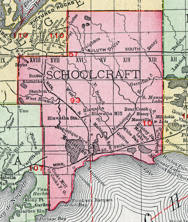Schoolcraft County, Michigan, 1911, Map, Rand McNally, Manistique, Gulliver, Seney, Germfask, Cusino, Creighton, Doyles, Klondike, Steuben, Hiawatha, Gulliver, Blaney, Cooks Mill