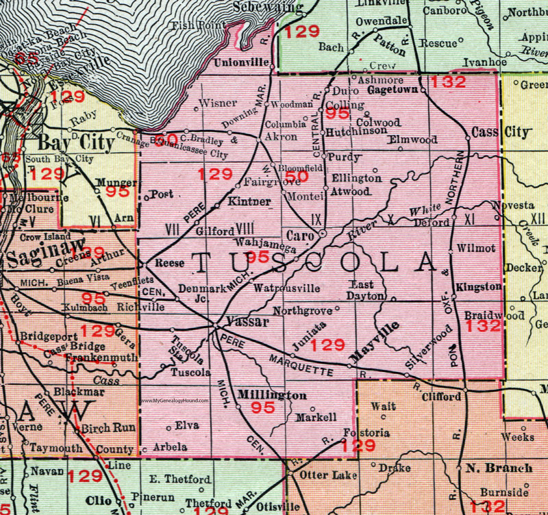 Tuscola County, Michigan, 1911, Map, Rand McNally, Caro, Cass City, Vassar, Millington, Maryville, Kingston, Gagetown, Deford, Unionville, Akron, Fairgrove, Gilford, Richville, Tuscola, Wahjamega