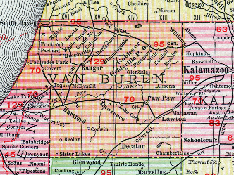 Van Buren County, Michigan, 1911, Map, Rand McNally, Paw Paw, South Haven, Hartford, Decatur, Lawton, Gobles, Bangor, Lawrence, Mattawan, Kendall, Bloomingdale, Grand Junction, Lacota, Covert, Breedsville