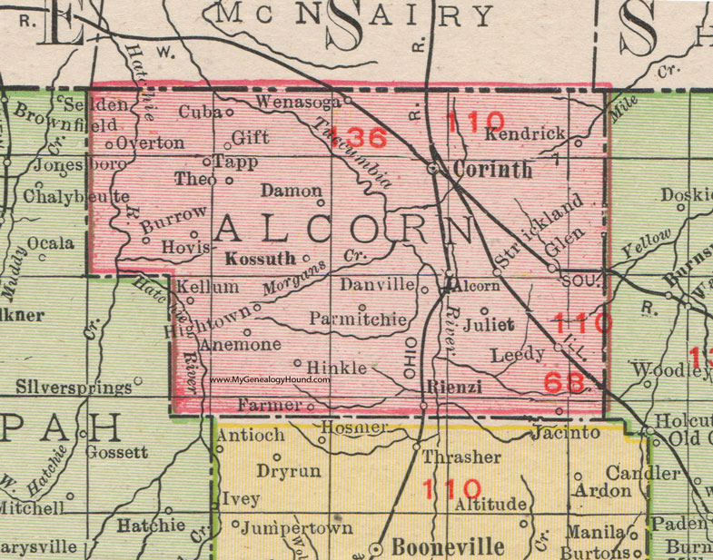 Alcorn County Mississippi 1911 Map Rand McNally Corinth Rienzi
