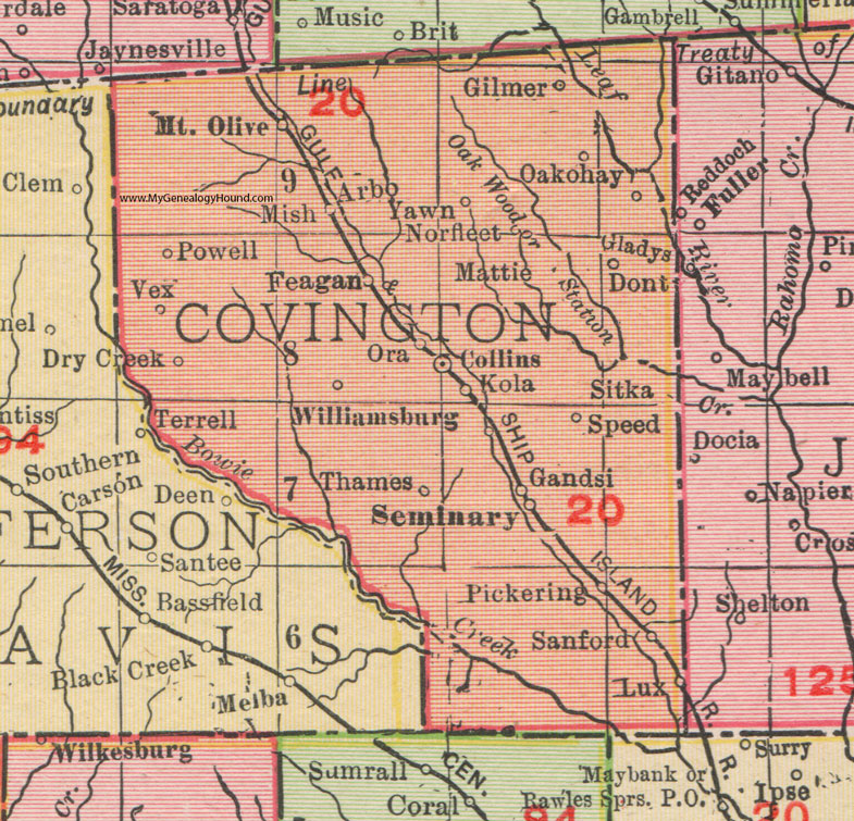 Covington County, Mississippi, 1911, Map, Rand McNally, Collins, Mt ...