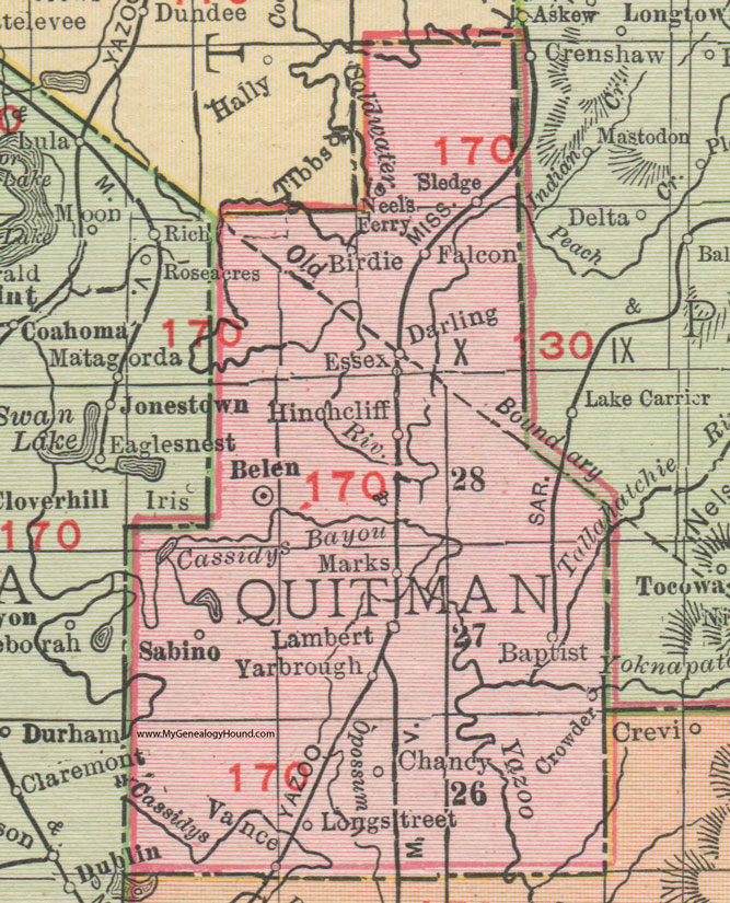 Quitman County, Mississippi, 1911, Map, Rand McNally, Marks, Lambert