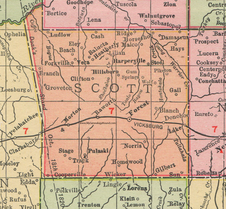 Scott County, Mississippi, 1911, Map, Rand McNally, Forest, Morton, Sebastopol, Lake, Pulaski, Ludlow, Harperville, Hillsboro, Forkville, Branch, Raworth, Baclucta, Malco, Damascus, Piketon, Donohoe, Cooperville