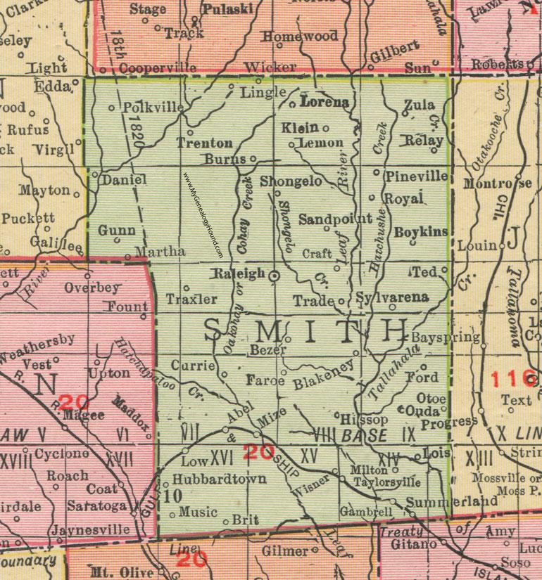 Smith County, Mississippi, 1911, Map, Rand McNally, Raleigh, Taylorsville, Mize, Sylvarena, Burns, Polkville, Zula, Boykins, Shongelo, Traxler, Bezer, Blakeney, Wisner, Gambrell, Hubbardtown, Lingle, Faroe, Hissop