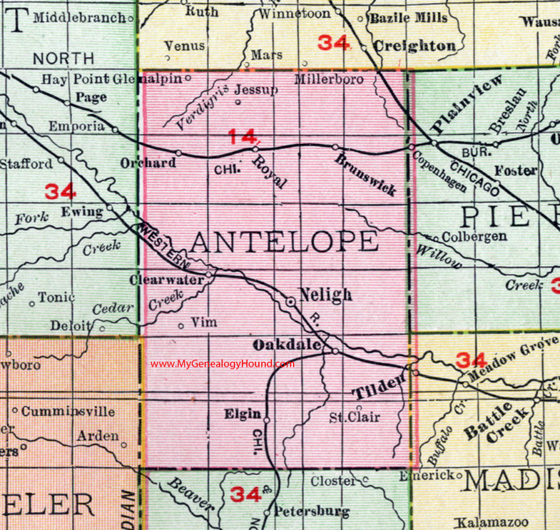 Antelope County, Nebraska, 1912, map, Neligh, Oakdale, Elgin, Orchard, Royal, Brunswick, Clearwater, Jessup, Vim