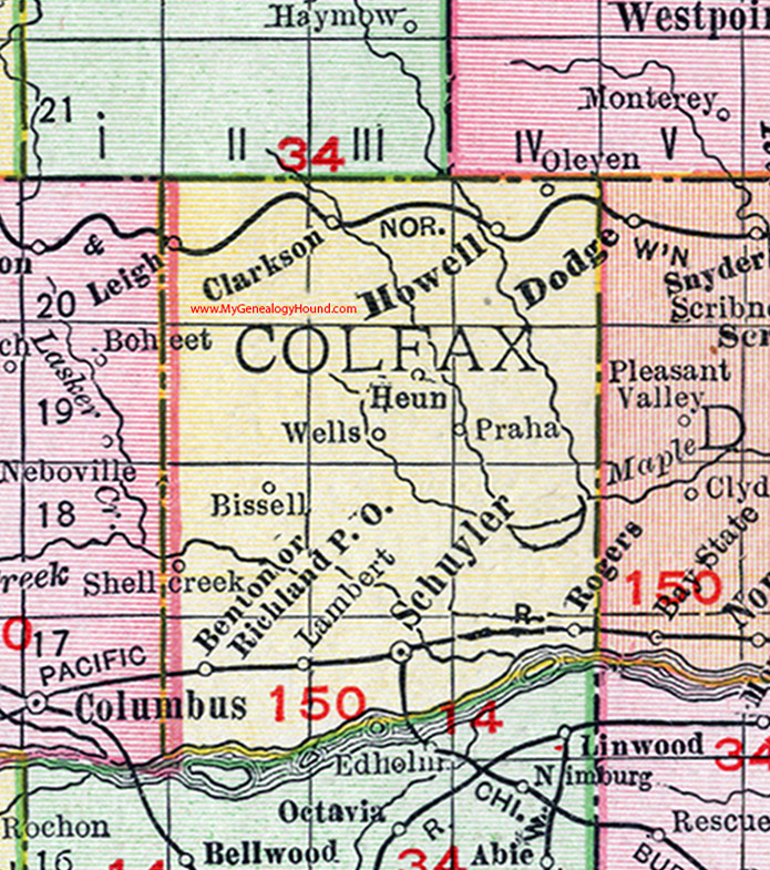 Colfax County, Nebraska, map, 1912, Schuyler, Howells, Clarkson, Richland, Leigh, Rogers, Heun, Praha, Bissell, Shell Creek, Lambert, Wells