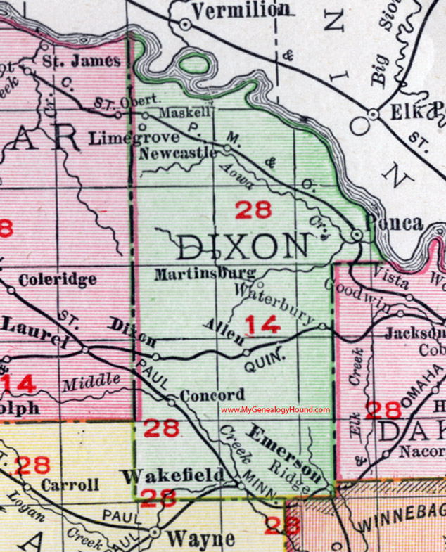 Dixon County, Nebraska, map, 1912, Ponca, Emerson, Wakefield, Waterbury, Allen, Concord, Newcastle, Maskell, Lime Grove, Martinsburg, Dixon
