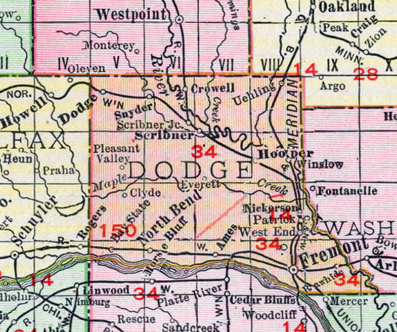 Dodge County Nebraska map 1912 Fremont Hooper North Bend