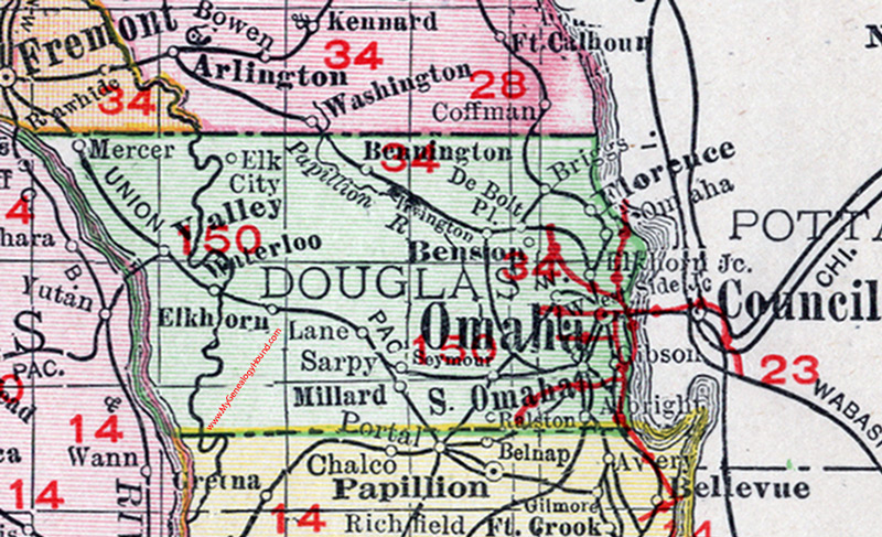Douglas County, Nebraska, map, 1912, Omaha, Waterloo, Elkhorn, Millard, Benson, Bennington, Valley, South Omaha, Florence, Elk City, Ralston, Albright