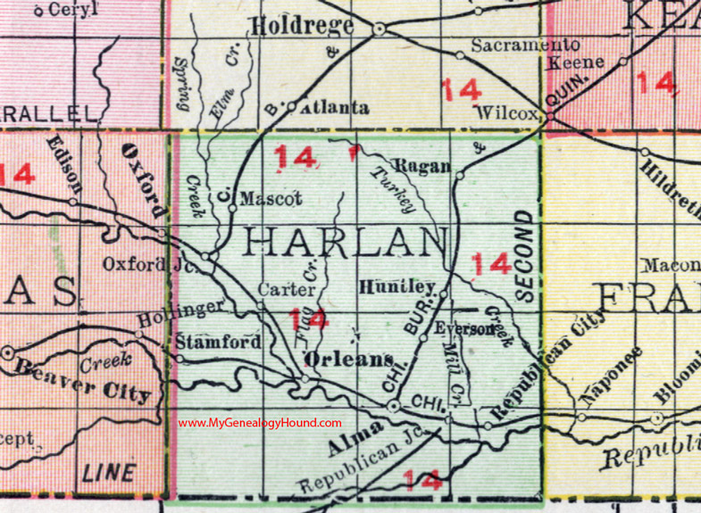 Harlan County, Nebraska, 1912, Map, Rand McNally, Alma, Orleans, Republican City, Ragan, Huntley, Stamford, Mascot, Carter, Everson