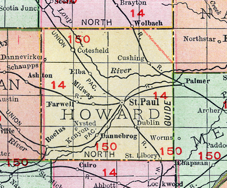 Howard County, Nebraska, map, 1912, St. Paul, Dannebrog, Boelus, St. Libory, Cotesfield, Cushing, Farwell, Nysted, Kenyon, Dublin, Elba, Midway