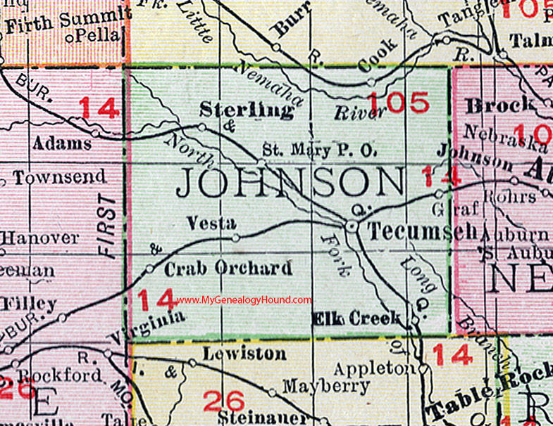 Johnson County, Nebraska, map, 1912, Tecumseh, Sterling, Elk Creek, Vesta, Crab Orchard, Graf, St. Mary, Cook