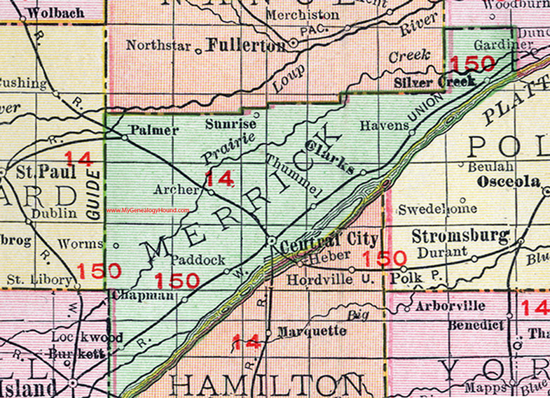 Merrick County, Nebraska, map, 1912, Central City, Clarks, Silver Creek, Archer, Lockwood, Paddock, Chapman, Palmer, Sunrise, Havens, Thummel, Worms