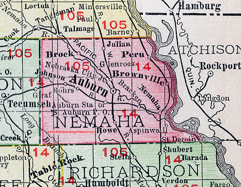 Nemaha County, Nebraska, map, 1912, Auburn, Brownville, Brock, Peru, Julian, Howe, Johnson, Rohrs, Glenrock, Aspinwall, St. Deroin, Rohrs