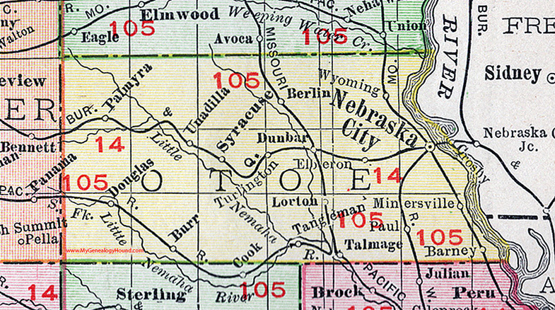 Otoe County, Nebraska, map, 1912, Nebraska City, Syracuse, Palmyra, Unadilla, Berlin, Dunbar, Lorton, Douglas, Talmage, Burr, Turlington, Wyoming, Elberon