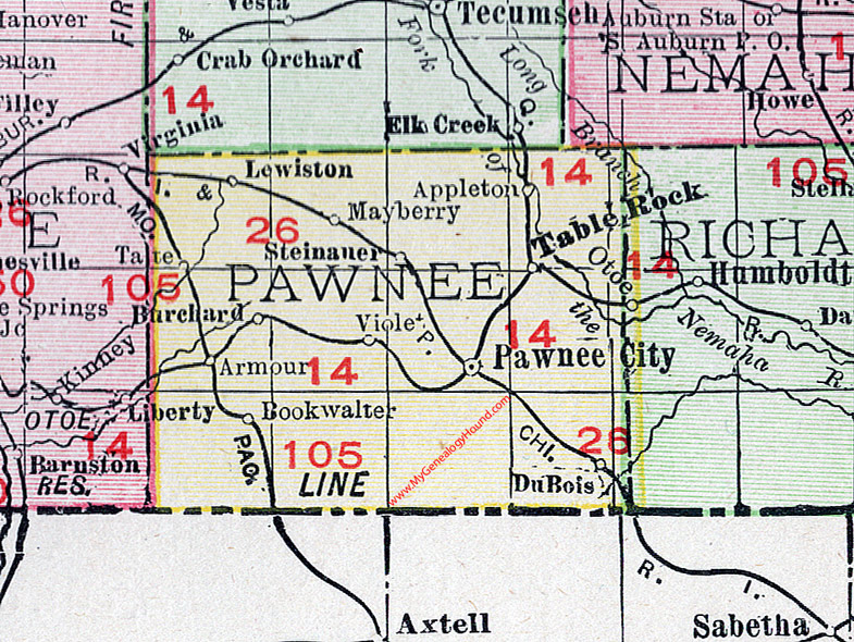 Pawnee County, Nebraska, map, 1912, Pawnee City, Table Rock, DuBois, Burchard, Lewiston, Steinauer, Appleton, Violet, Bookwalter, Armour, Tate, Mayberry