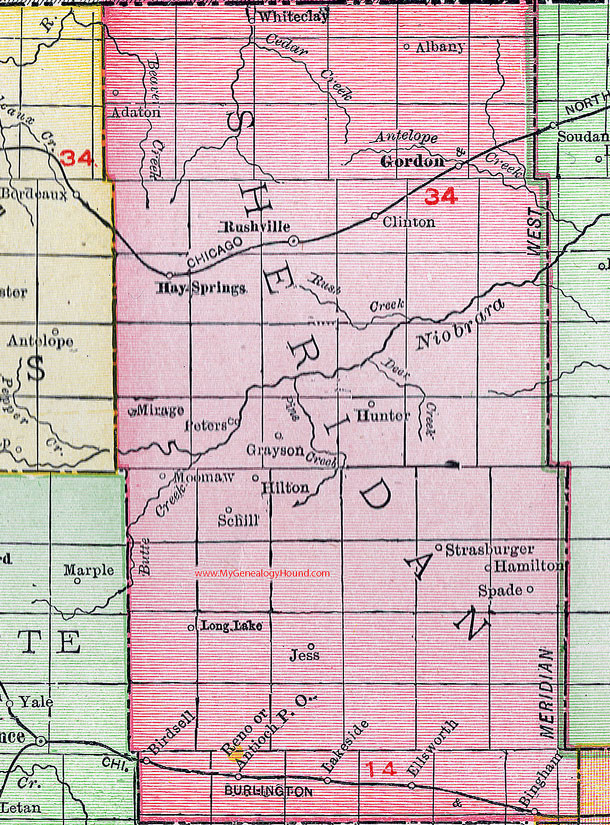 Sheridan County, Nebraska, map, 1912, Rushville, Gordon, Hay Springs, Antioch, Lakeside, Bingham, Clinton, Whiteclay, Moomaw, Schill, Birdsell, Ellsworth