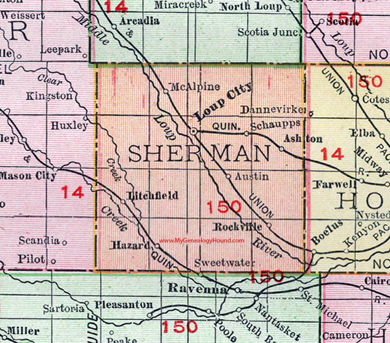 Sherman County, Nebraska, map, 1912, Loup City, Hazard, Rockville, Litchfield, Ashton, Austin, Schaupps, McAlpine