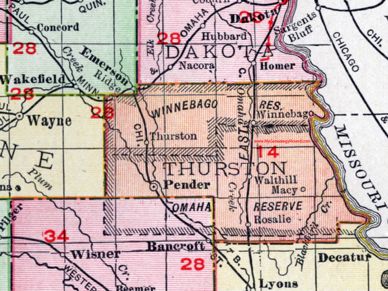 Thurston County, Nebraska, map, 1912, Pender, Winnebago, Rosalie, Macy, Thurston, Walthill